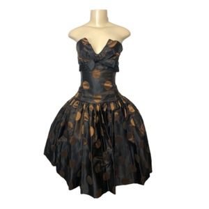 BOGO FREE - VICTOR COSTA 80’S VINTAGE BLACK COPPER DOT STRAPLESS COCKTAIL DRESS